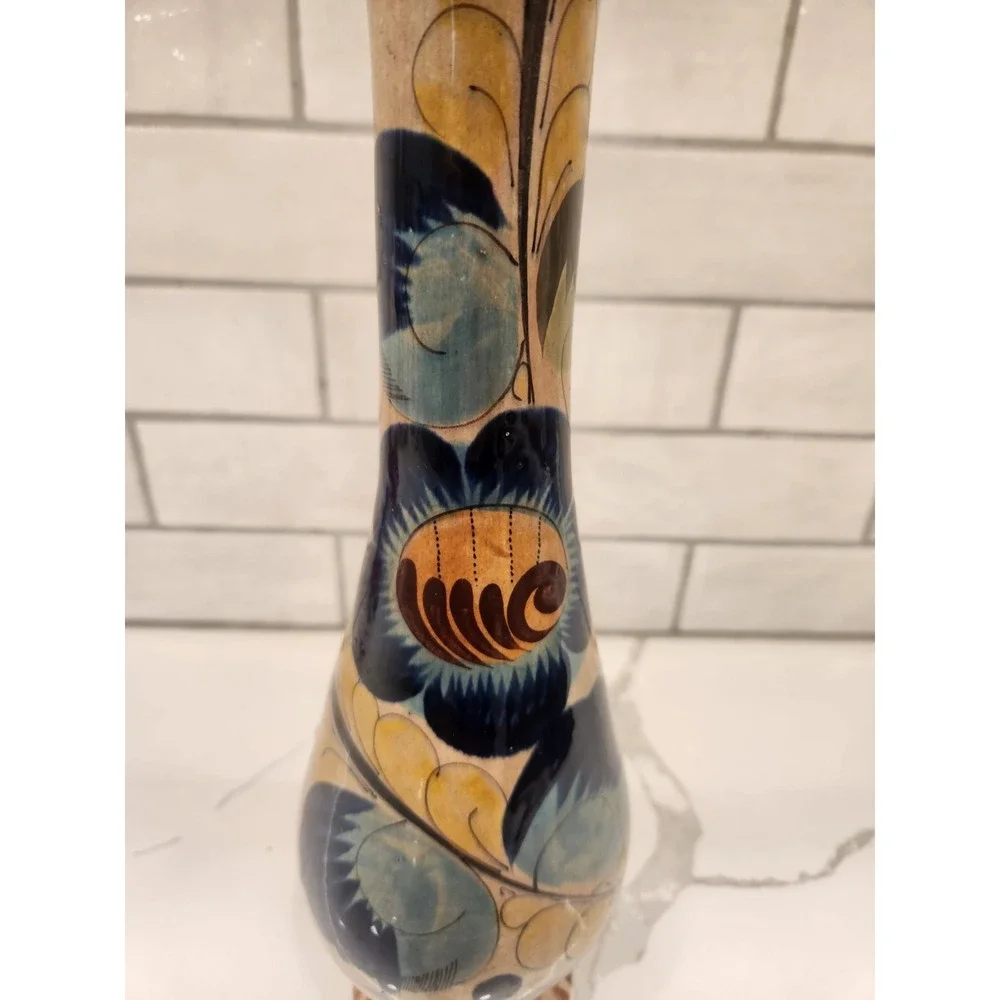 Vtg. Tonala Pottery Vase Hand Painted Mexican Folk Art Flowers Signed 15